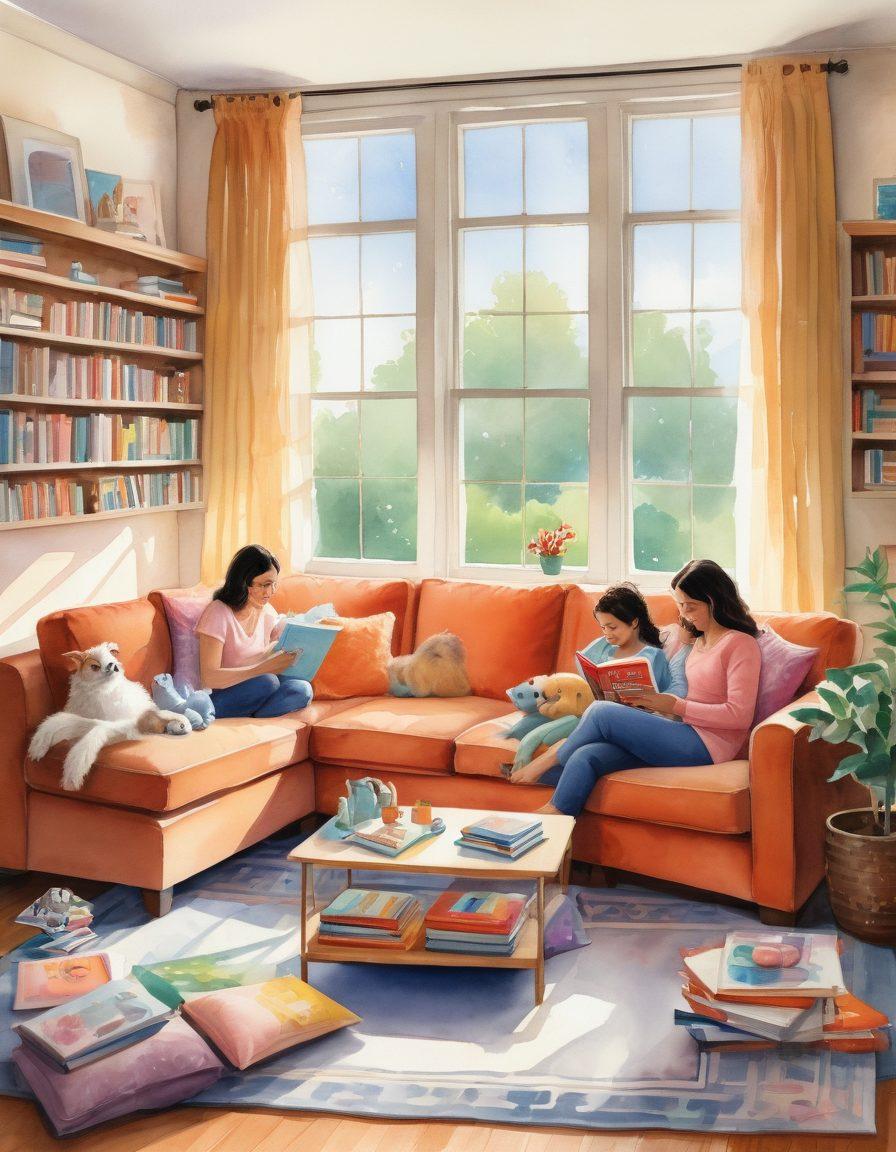 A warm and inviting scene of a diverse family in a cozy living room, surrounded by parenting books and colorful giveaways such as toys and baby essentials. A soft glow emanates from a window, suggesting a peaceful afternoon, while a playful pet joins in the family bonding. Gentle touches of playful illustrations or doodles float around the family representing essential resources. watercolor, vibrant colors, cozy aesthetic.