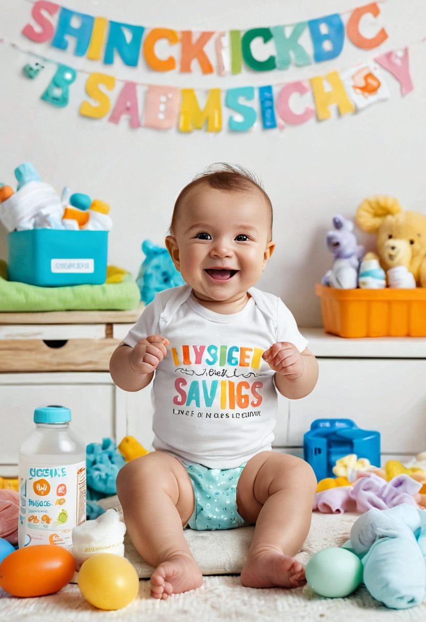 A joyful baby surrounded by an array of colorful baby essentials, such as diapers, toys, and feeding bottles, all labeled as 'free resources'. In the background, a loving parent is smiling while holding a sign that says 'Unlocking Savings'. The scene is bright and inviting, featuring pastel colors and a soft, playful atmosphere. super-realistic. vibrant colors. white background.