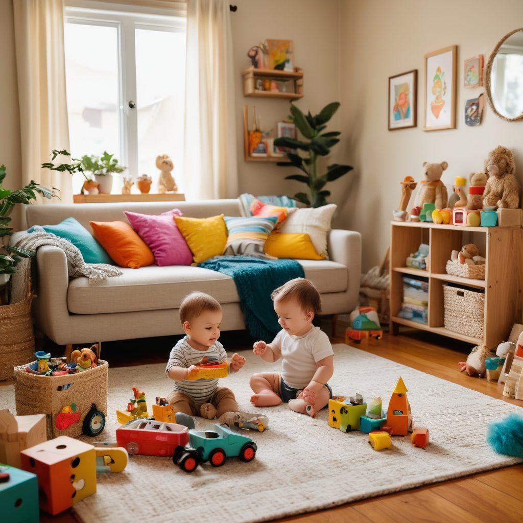 A cozy living room scene featuring a playful baby surrounded by various creative DIY toys and baby merchandise crafted from recycled materials. The parents are engaged in a fun activity, showcasing their resourcefulness and creativity in parenting. Bright colors and a warm atmosphere, emphasizing a sense of joy and savings in acquiring baby items. super-realistic. vibrant colors. cozy setting.